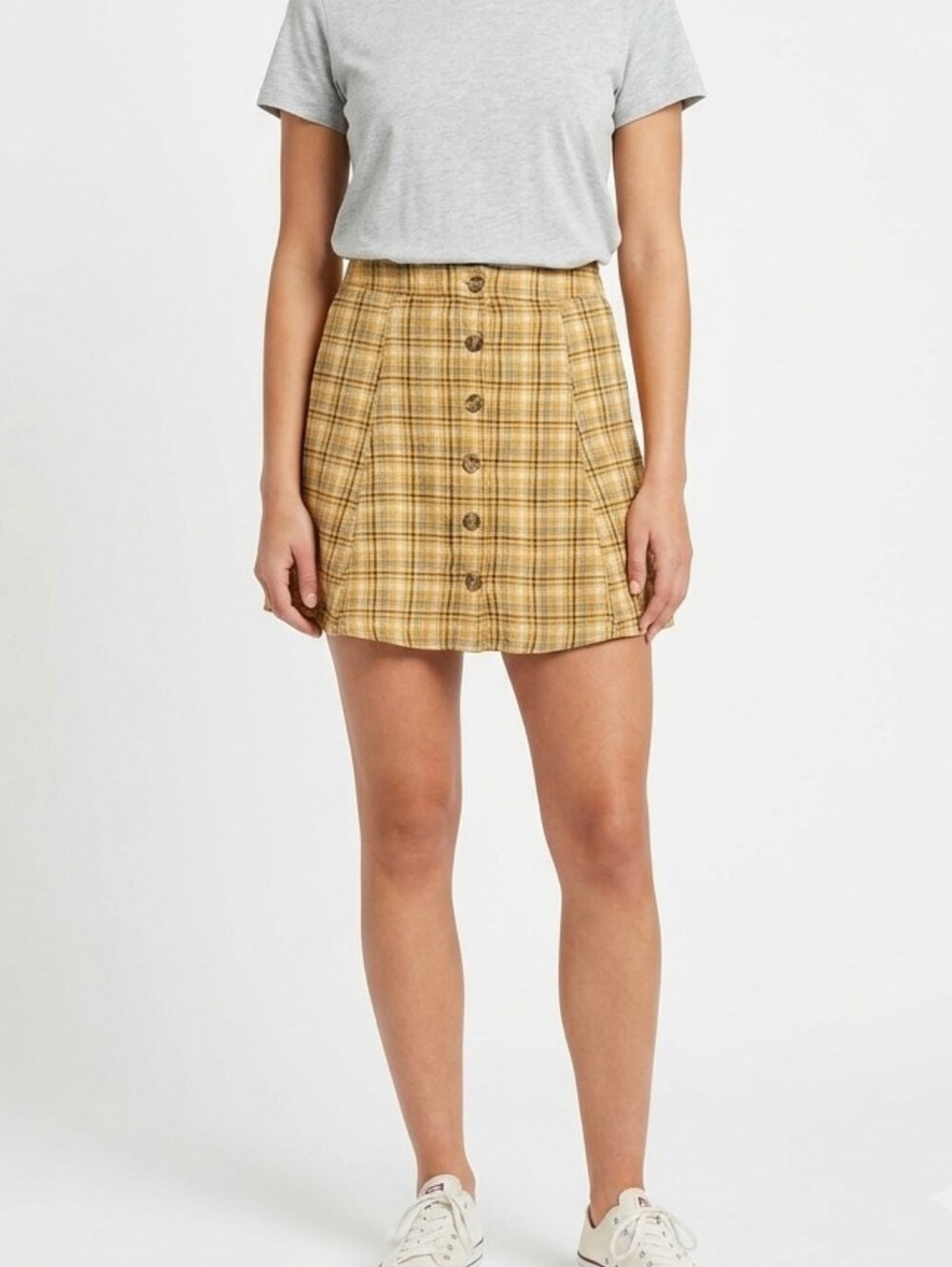 American Eagle Yellow Plaid Linen Blend Button Front Mini Skirt L Preppy Y2k